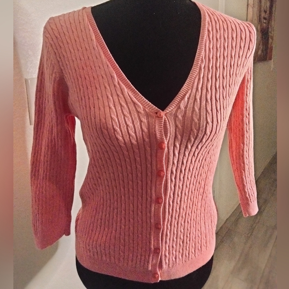 JEANNE PIERRE Peach Cable‎ Knit Cardigan S
